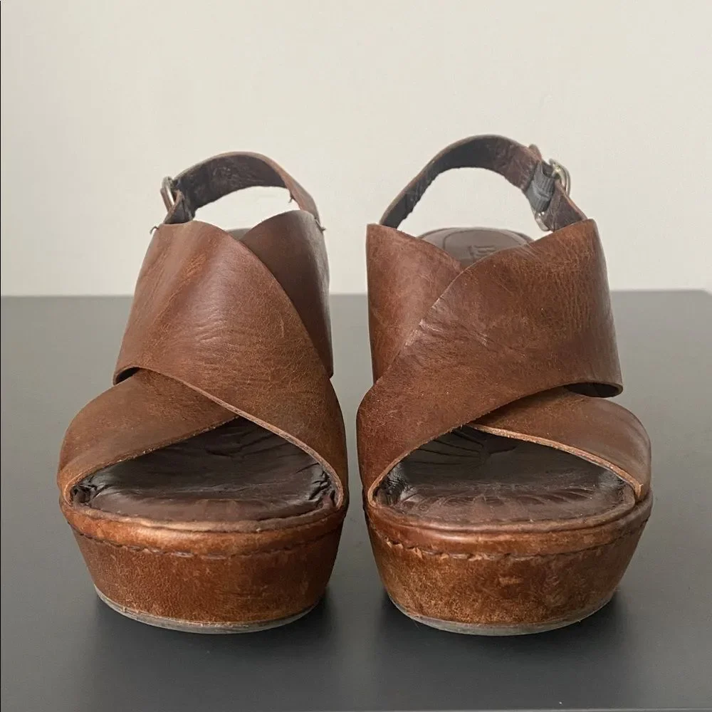 Born Chestnut Leather Wedge Sandals 36.5 (US 6) Boho Chic Coastal Urban Comfy
